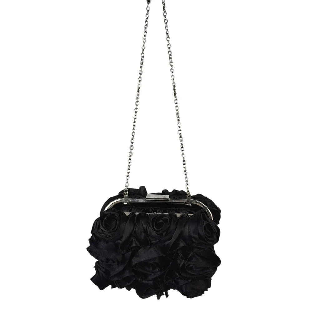Expressions NYC‎ Black Rose Satin Evening Bag Party Clutch Chain Strap